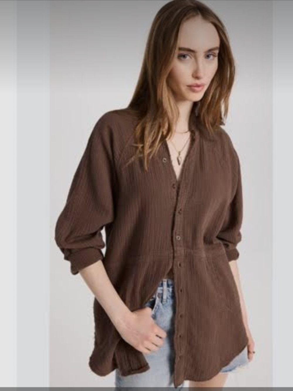 Free People We The Free Button Down Women L Brown Summer Daydream Gauze Shirt